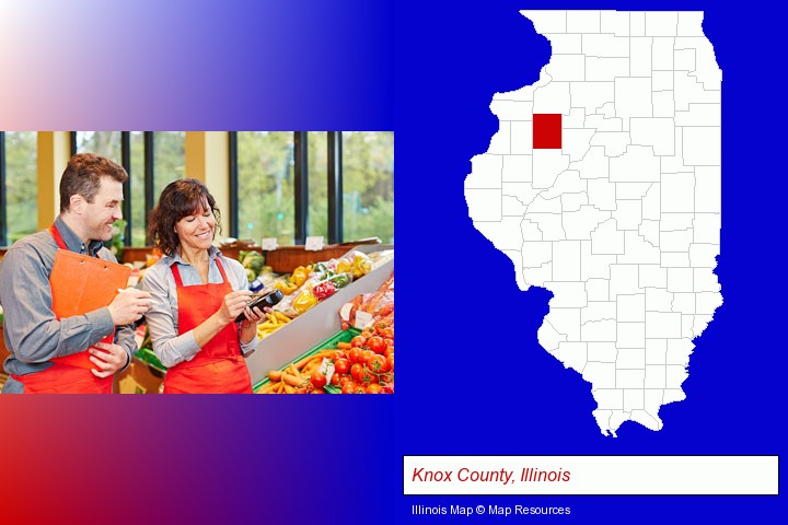 two grocers working in a grocery store; Knox County, Illinois highlighted in red on a map