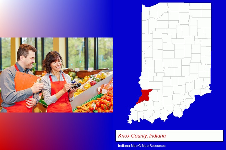 two grocers working in a grocery store; Knox County, Indiana highlighted in red on a map