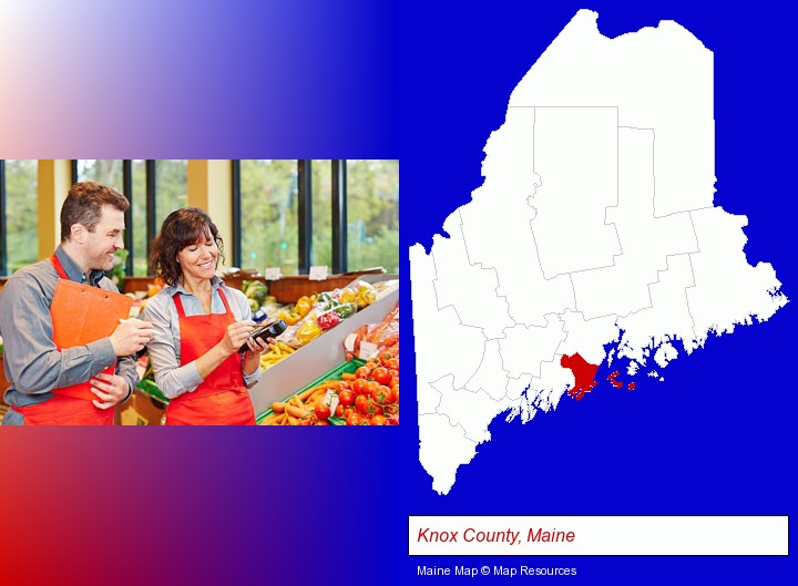 two grocers working in a grocery store; Knox County, Maine highlighted in red on a map