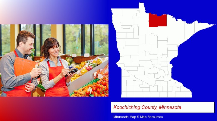 two grocers working in a grocery store; Koochiching County, Minnesota highlighted in red on a map