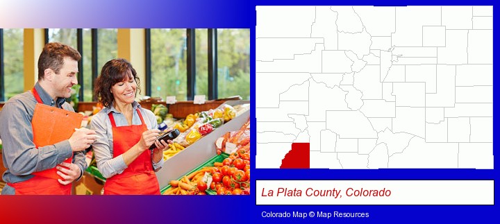 two grocers working in a grocery store; La Plata County, Colorado highlighted in red on a map