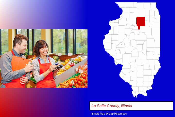 two grocers working in a grocery store; La Salle County, Illinois highlighted in red on a map