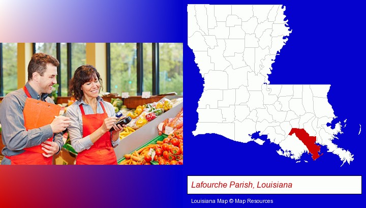 two grocers working in a grocery store; Lafourche Parish, Louisiana highlighted in red on a map