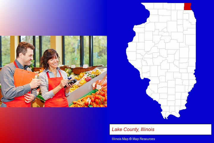 two grocers working in a grocery store; Lake County, Illinois highlighted in red on a map