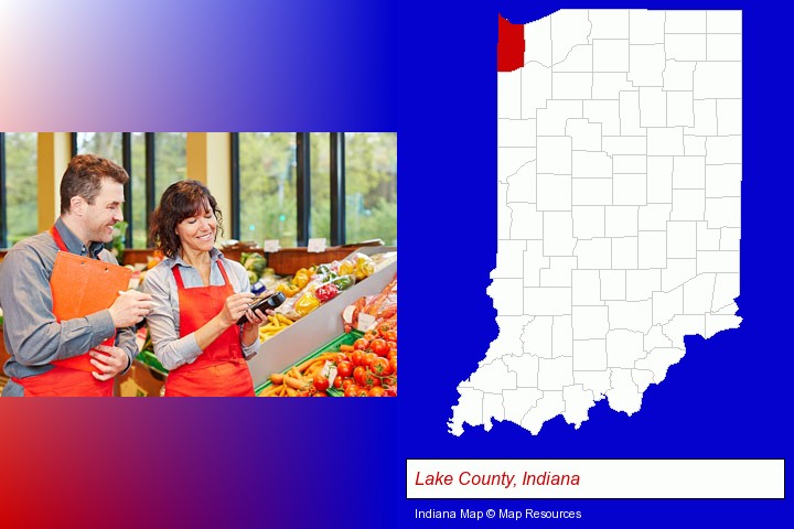 two grocers working in a grocery store; Lake County, Indiana highlighted in red on a map
