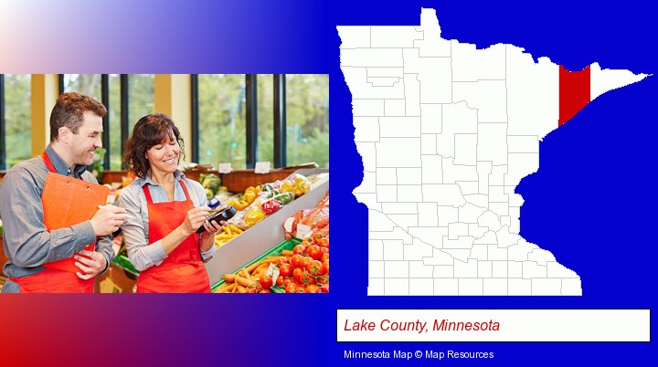 two grocers working in a grocery store; Lake County, Minnesota highlighted in red on a map