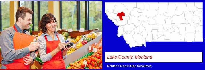 two grocers working in a grocery store; Lake County, Montana highlighted in red on a map