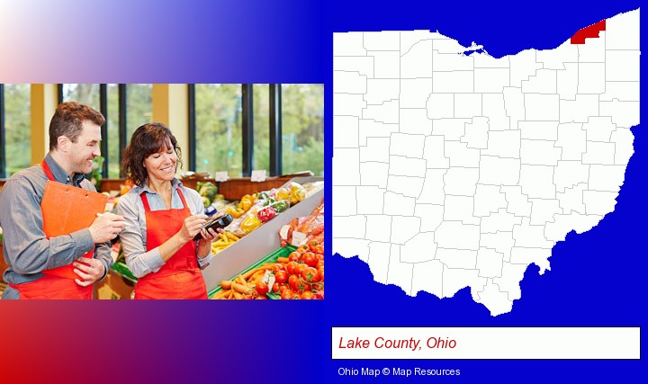 two grocers working in a grocery store; Lake County, Ohio highlighted in red on a map