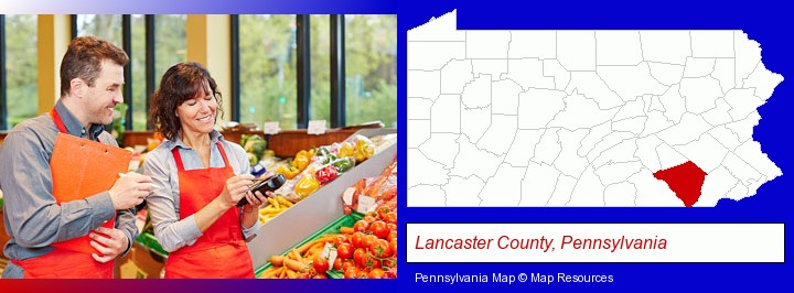 two grocers working in a grocery store; Lancaster County, Pennsylvania highlighted in red on a map
