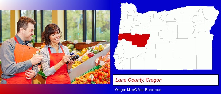 two grocers working in a grocery store; Lane County, Oregon highlighted in red on a map