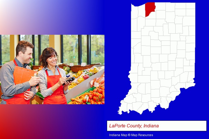 two grocers working in a grocery store; LaPorte County, Indiana highlighted in red on a map