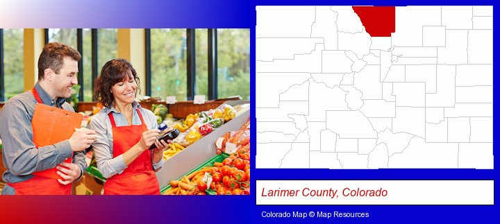 two grocers working in a grocery store; Larimer County, Colorado highlighted in red on a map