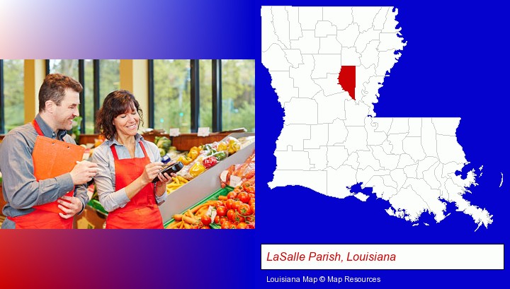two grocers working in a grocery store; LaSalle Parish, Louisiana highlighted in red on a map
