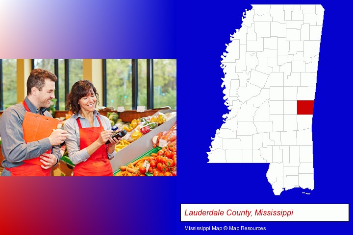 two grocers working in a grocery store; Lauderdale County, Mississippi highlighted in red on a map