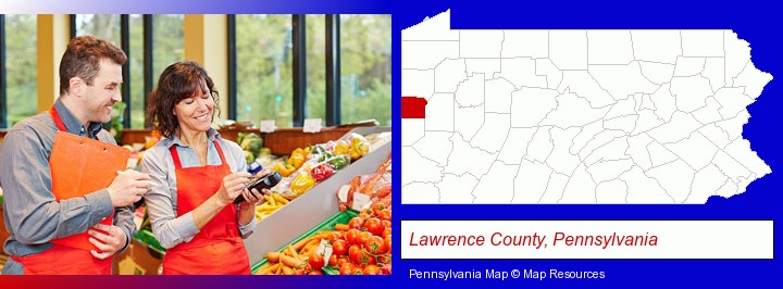 two grocers working in a grocery store; Lawrence County, Pennsylvania highlighted in red on a map