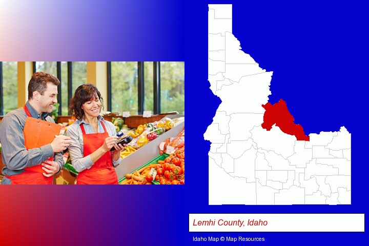 two grocers working in a grocery store; Lemhi County, Idaho highlighted in red on a map