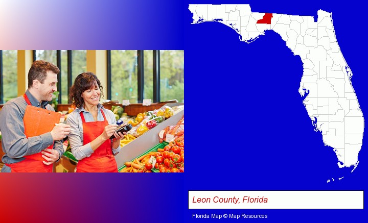 two grocers working in a grocery store; Leon County, Florida highlighted in red on a map