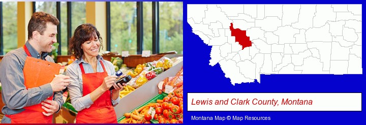 two grocers working in a grocery store; Lewis and Clark County, Montana highlighted in red on a map