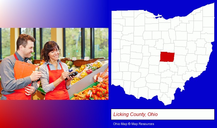 two grocers working in a grocery store; Licking County, Ohio highlighted in red on a map