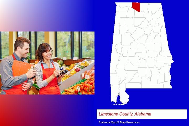 two grocers working in a grocery store; Limestone County, Alabama highlighted in red on a map