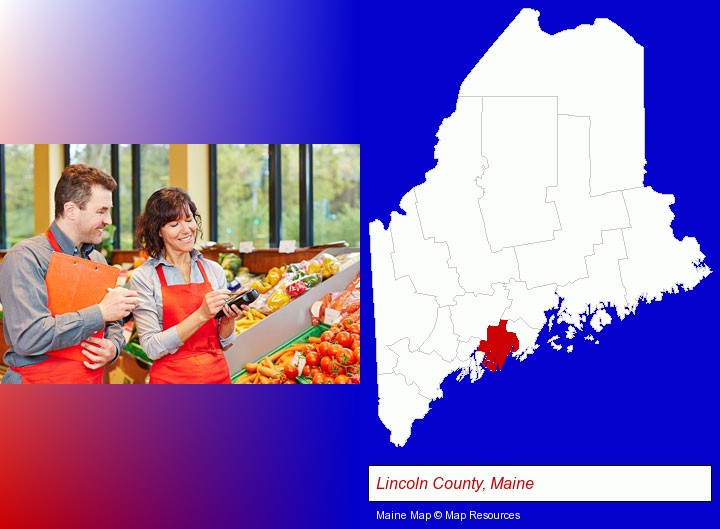 two grocers working in a grocery store; Lincoln County, Maine highlighted in red on a map