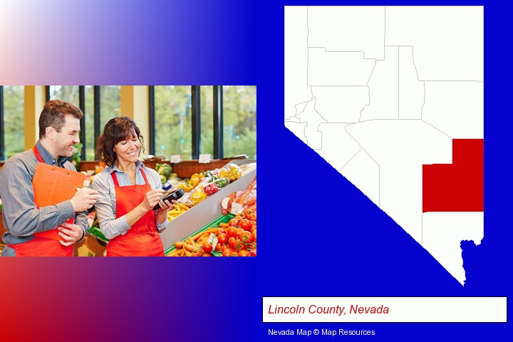 two grocers working in a grocery store; Lincoln County, Nevada highlighted in red on a map