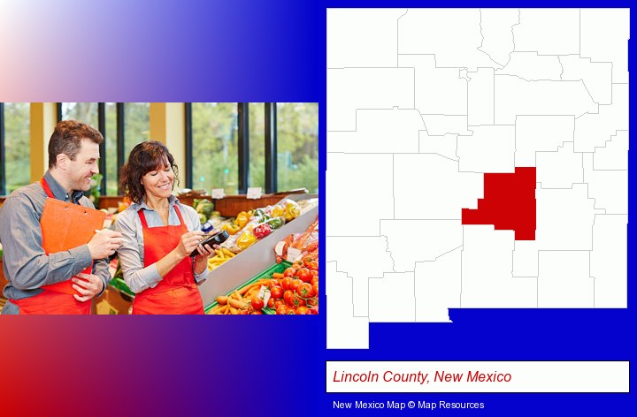 two grocers working in a grocery store; Lincoln County, New Mexico highlighted in red on a map