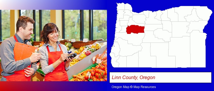two grocers working in a grocery store; Linn County, Oregon highlighted in red on a map