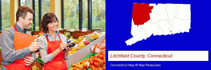 two grocers working in a grocery store; Litchfield County, Connecticut highlighted in red on a map