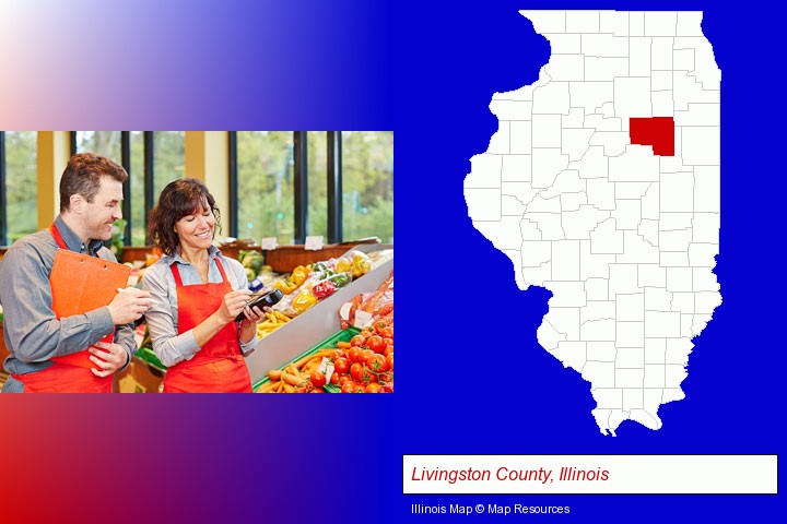 two grocers working in a grocery store; Livingston County, Illinois highlighted in red on a map