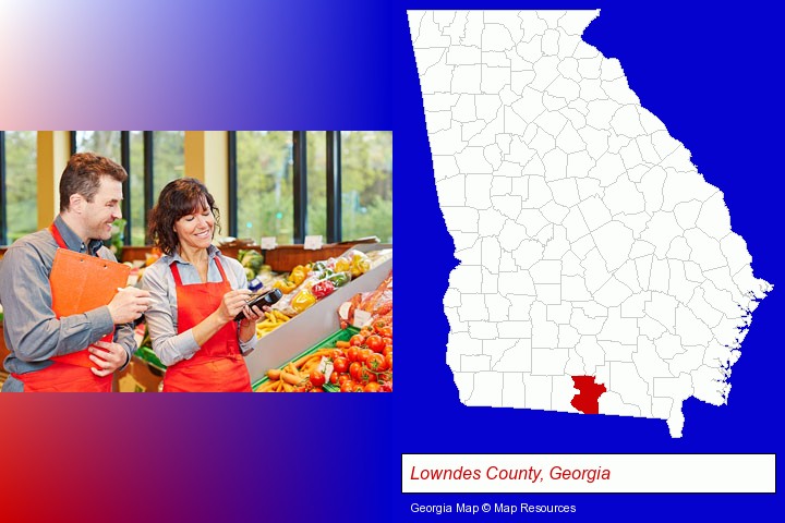 two grocers working in a grocery store; Lowndes County, Georgia highlighted in red on a map