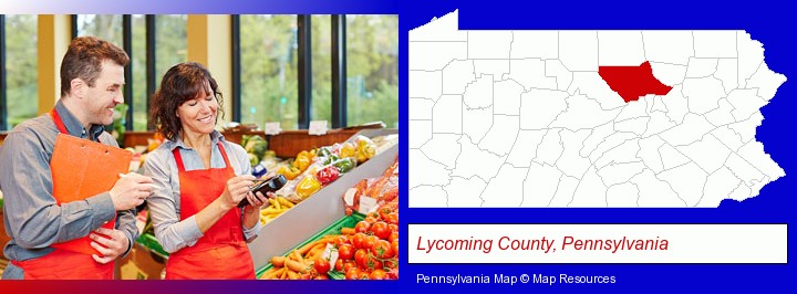 two grocers working in a grocery store; Lycoming County, Pennsylvania highlighted in red on a map