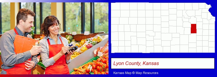 two grocers working in a grocery store; Lyon County, Kansas highlighted in red on a map