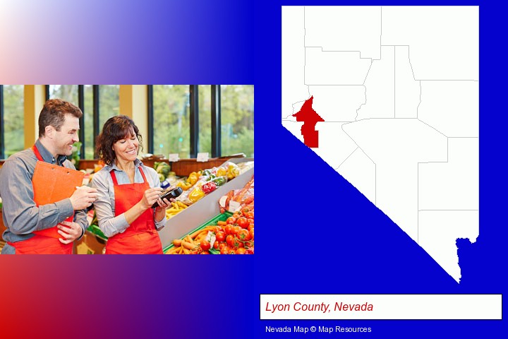 two grocers working in a grocery store; Lyon County, Nevada highlighted in red on a map