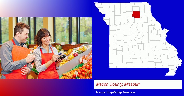 two grocers working in a grocery store; Macon County, Missouri highlighted in red on a map
