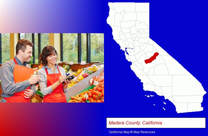 two grocers working in a grocery store; Madera County, California highlighted in red on a map