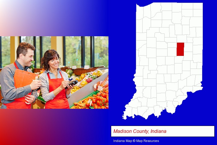 two grocers working in a grocery store; Madison County, Indiana highlighted in red on a map