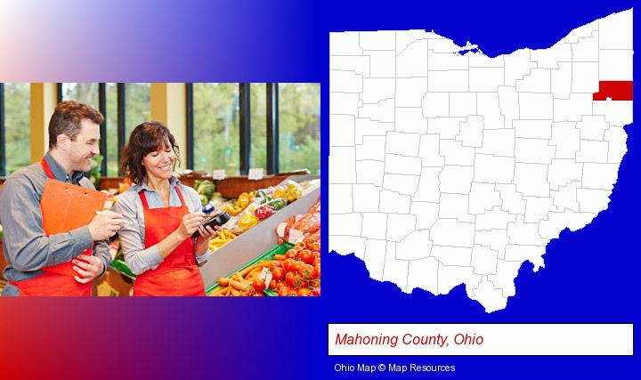 two grocers working in a grocery store; Mahoning County, Ohio highlighted in red on a map