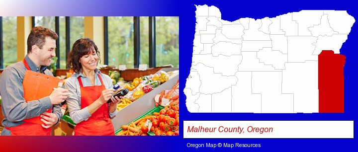 two grocers working in a grocery store; Malheur County, Oregon highlighted in red on a map