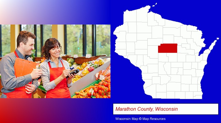 two grocers working in a grocery store; Marathon County, Wisconsin highlighted in red on a map