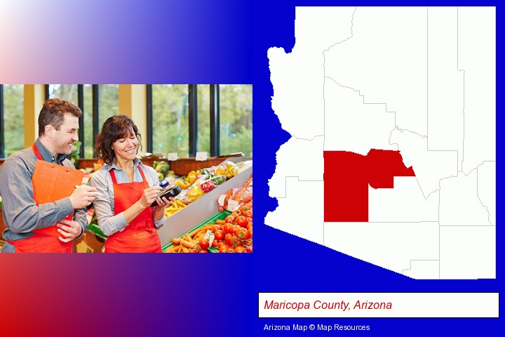 two grocers working in a grocery store; Maricopa County, Arizona highlighted in red on a map