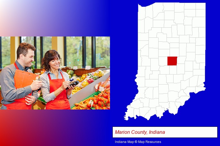 two grocers working in a grocery store; Marion County, Indiana highlighted in red on a map