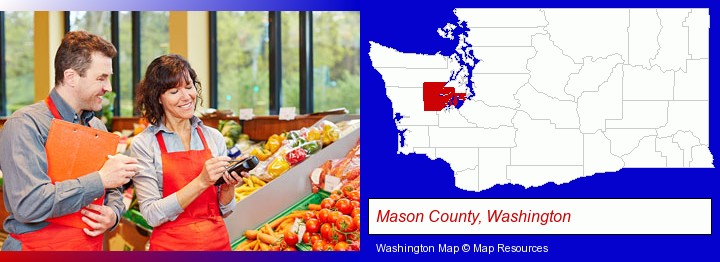 two grocers working in a grocery store; Mason County, Washington highlighted in red on a map