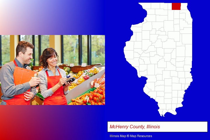 two grocers working in a grocery store; McHenry County, Illinois highlighted in red on a map