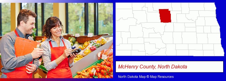 two grocers working in a grocery store; McHenry County, North Dakota highlighted in red on a map