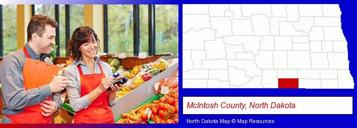 two grocers working in a grocery store; McIntosh County, North Dakota highlighted in red on a map