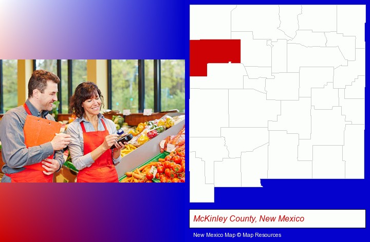 two grocers working in a grocery store; McKinley County, New Mexico highlighted in red on a map