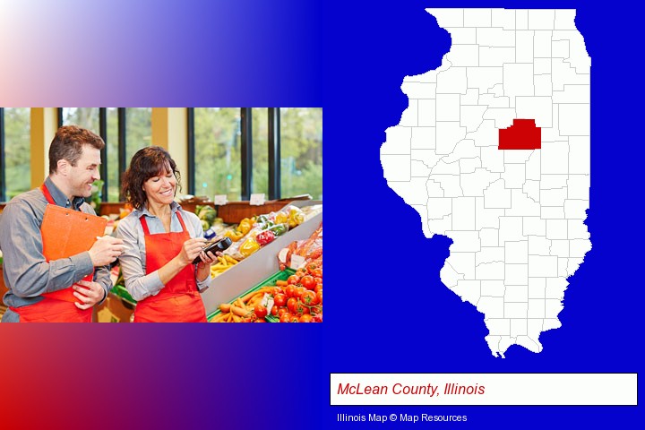 two grocers working in a grocery store; McLean County, Illinois highlighted in red on a map