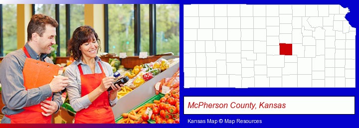 two grocers working in a grocery store; McPherson County, Kansas highlighted in red on a map
