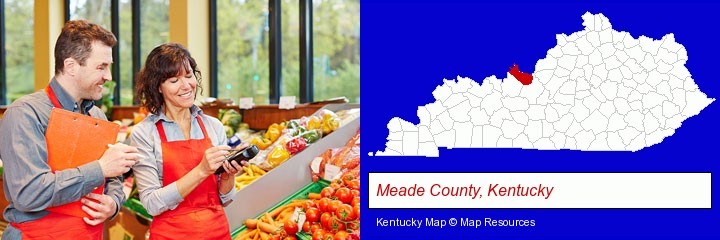 two grocers working in a grocery store; Meade County, Kentucky highlighted in red on a map